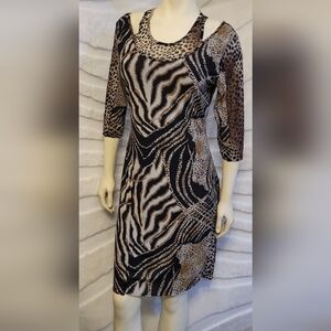 Merchant Mesh Animal Print Cold Shoulder Sheer Stretch Lined Dress Women  M/L